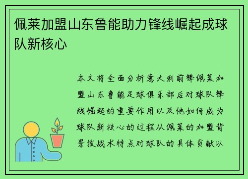 佩莱加盟山东鲁能助力锋线崛起成球队新核心
