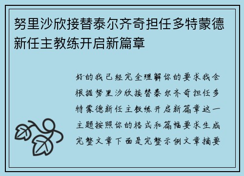 努里沙欣接替泰尔齐奇担任多特蒙德新任主教练开启新篇章