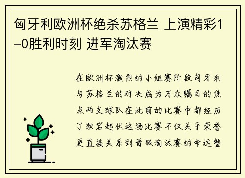 匈牙利欧洲杯绝杀苏格兰 上演精彩1-0胜利时刻 进军淘汰赛