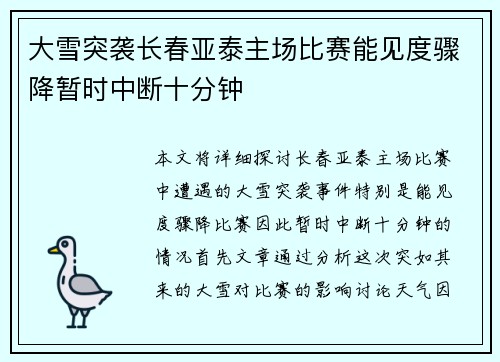 大雪突袭长春亚泰主场比赛能见度骤降暂时中断十分钟