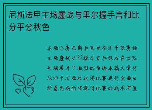 尼斯法甲主场鏖战与里尔握手言和比分平分秋色